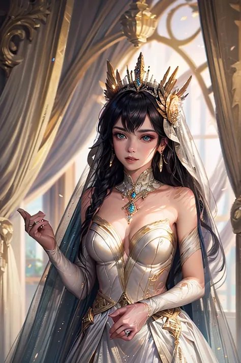 (Masterpiece), best quality, highest quality, highly detailed CG unity 8k wallpaper, original, high resolution, (depth of field: 1.5), fidelity: 1.3, breasts, bride portrait style, 1 girl, curtains, veil , bridal veil, wedding dress, curtains, jewelry, sol...