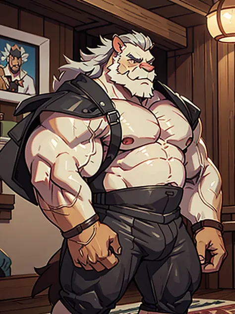 A burly, virile, and hairy dragon, exuding the irresistible charm of a himbo muscle daddy. His middle-aged features, adorned by a long, bushy beard and a thick mustache, reveal a life of experience and adventure. His body, sculpted  into a warriors build a...