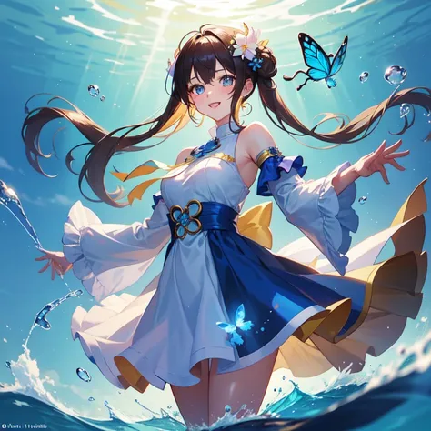 (​masterpiece), best qualtiy), ultra-detailled, illustration, (1 girl in fashionable clothes), is standing, fashion modell, sea background, Fine and beautiful eyes、Delicate beautiful face), (colorful water splash)、colorful bubble、(brilliance)、focus on face...