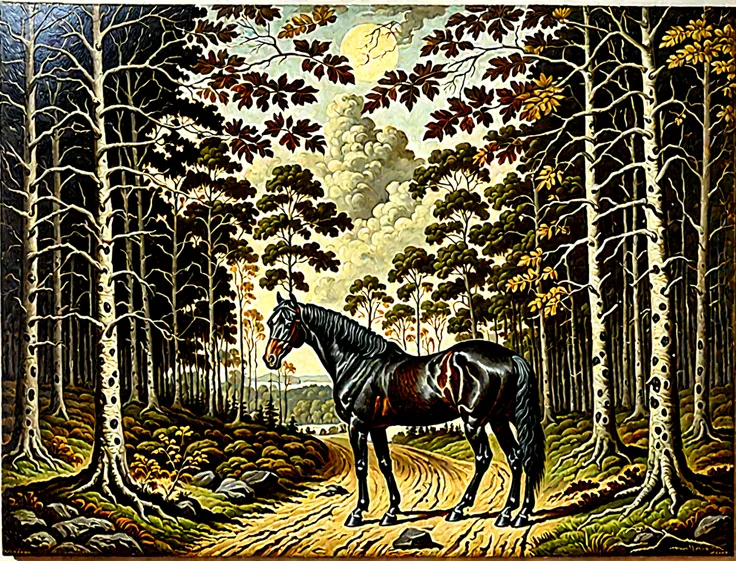 Vintage Black Horse Oil Painting, Vintage Farm, tonalism style, tonalism painting, tonalism, tonalism!, inspired by Asher Brown Durand, inspired by Benjamin Williams Leader, inspired by William Trost Richards, james bama, inspired by John Frederick Kensett...