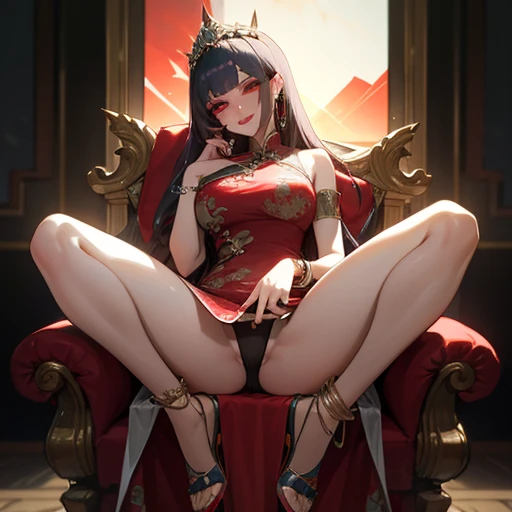 photorealistic, seductive asian princess, luxurious tight mini chinese dress, (on a throne, spread legs and lift up skirt and show off detailed sexy panties), (perfect anatomy), 8k, raw photograph, best quality, masterpiece, (detailed character), detailed ...