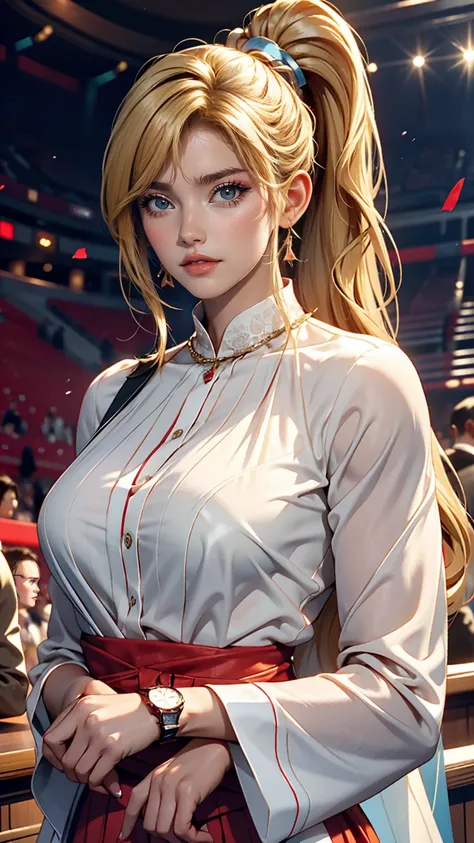 比類のないmasterpiece, Ultra-realistic 8K CG, Perfect artwork, ((The perfect woman)), Mature Woman, Narrow waist, Fascinating, clean, Beautiful Face, {Very delicate and beautiful girl} , 8k wallpaper, {{{masterpiece}} }, One girl, Blonde, blue eyes, ponytail, S...