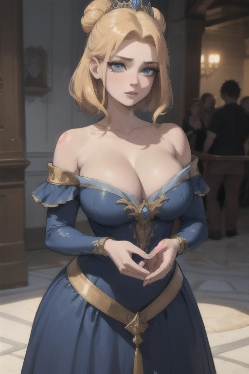 ((Best quality)), ((Masterpiece)), (detailed), perfect face perfect figure, Middle Ages, palace background, 26 year old, Scandinavian woman, Princess, Golden hair, bun-like hairstyle, bright blue eyes, pale skin, large breasts, tight blue dress, off should...