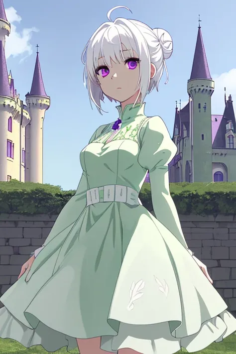 anime, 4k, HD, better quality, girl, white hair, purple eyes, green dress with white details, is standing in a castle, short hair, Theres just one bun of hair