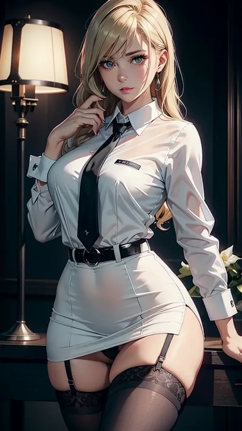 realistic, High resolution, soft light,1 female, alone, hip up, glowing skin, (detailed face),tattoo, jewelry, Secretarial Uniform, white shirt, black skirt, black stockings, garter belt, night, blonde hair, wavy hair, Beautiful Soldier, Eyes that invite t...