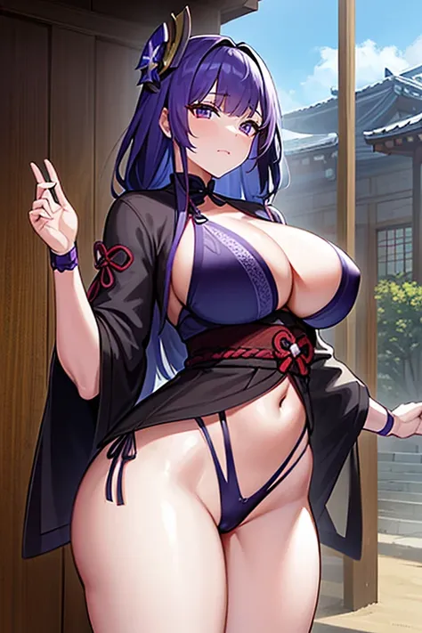 Masterpiece, Raiden Shogun, Genshin impact, highres, Cowboy shot, purple hair, big , busty, wide hips, Beach, wet, blush