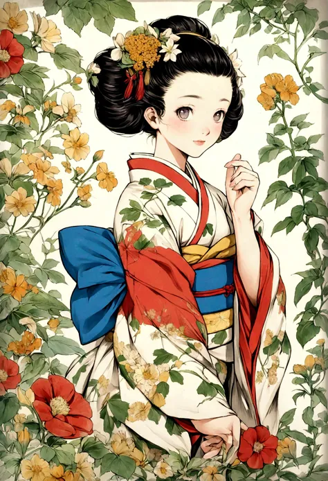 Menela style, by Ernst Haeckel, flowers in kimono, beautiful girls, botanical art, exquisite illustrations of beautiful Japanese women