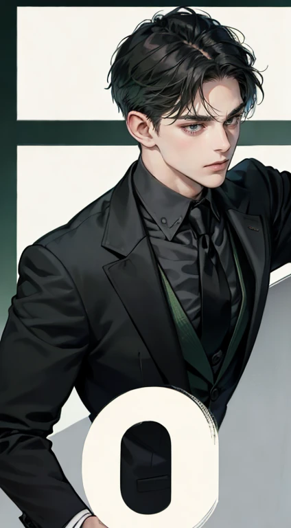 ((a young man in a black suit and tie)), taken in the early 2020s, gotham, alejandro, he looks very sophisticated, (((left side swept bang black short hair))), (dark green eyes and thick eyebrows), smirk. ((20 years old)), ((Black suite and black tie)), ma...