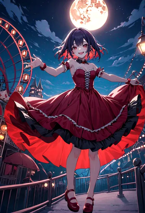 a vampire girl smiling, floating pose, (strapless_dress), (round toe) mary_janes, haunted amusement park at night, moon at background