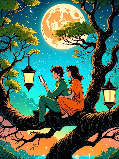 Cartoon hand drawn, Romantic ancient style，night，Backlight，A man and a woman sitting on a tree branch，There is a full moon behind，Alexander，repeat，Fresh colors，Soft colors，Diode lamp，Concept art style，extremely intricate details，Clear distinction between l...