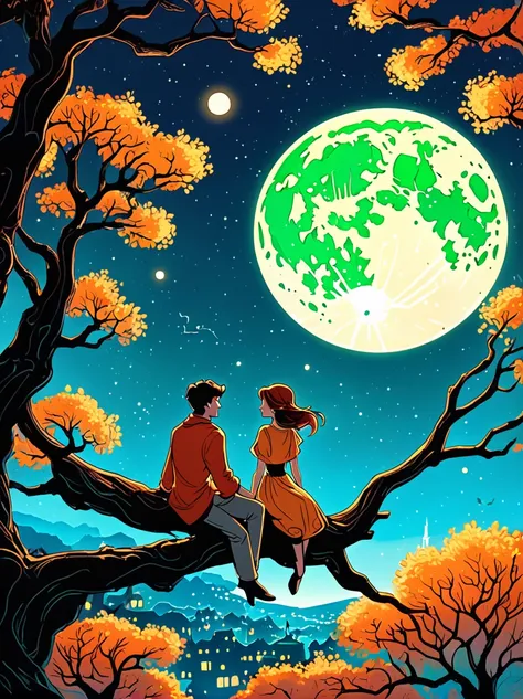 Cartoon hand drawn, Romantic ancient style，night，Backlight，A man and a woman sitting on a tree branch，There is a full moon behind，Alexander，repeat，Fresh colors，Soft colors，Diode lamp，Concept art style，extremely intricate details，Clear distinction between l...