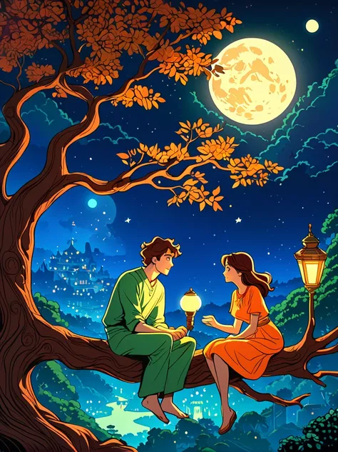 Cartoon hand drawn, Romantic ancient style，night，Backlight，A man and a woman sitting on a tree branch，There is a full moon behind，Alexander，repeat，Fresh colors，Soft colors，Diode lamp，Concept art style，extremely intricate details，Clear distinction between l...