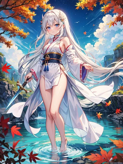 anime girl in white dress with long hair and sword in water, an anime drawing inspired by Nishikawa Sukenobu, pixiv contest winner, shin hanga, white haired deity, flowing white robes, anime goddess, koyoharu gotouge, flowing hair and long robes, nyaruko-s...