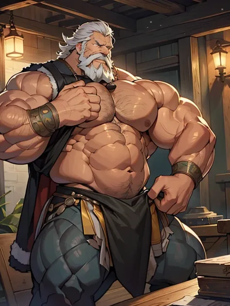 A burly, virile, and hairy dragon, exuding the irresistible charm of a himbo muscle daddy. His middle-aged features, adorned by a long, bushy beard and a thick mustache, reveal a life of experience and adventure. His body, sculpted  into a warriors build a...