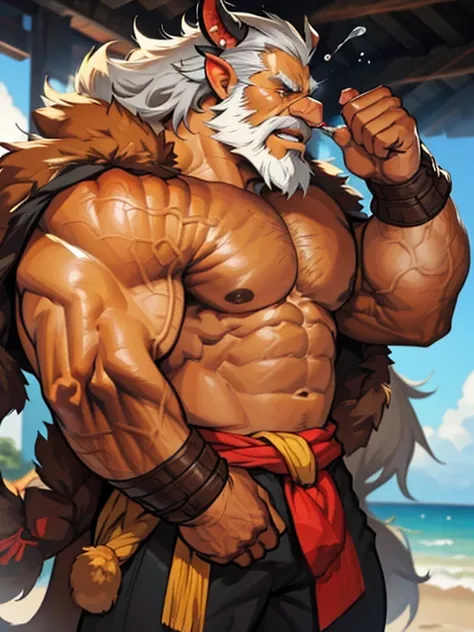 A burly, virile, and hairy dragon, exuding the irresistible charm of a himbo muscle daddy. His middle-aged features, adorned by a long, bushy beard and a thick mustache, reveal a life of experience and adventure. His body, sculpted  into a warriors build a...