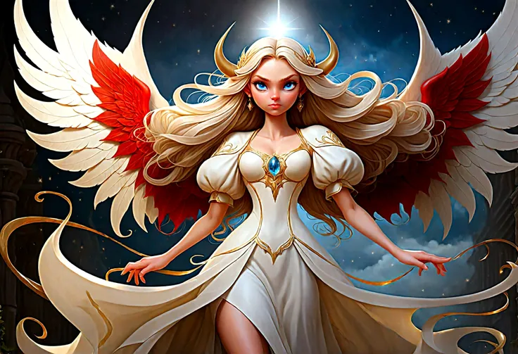 fantasy art, rpg art a ((picture of a demon and an angel: 1.5)), single1 female angel, wearing white dress, pale skin, beautiful...