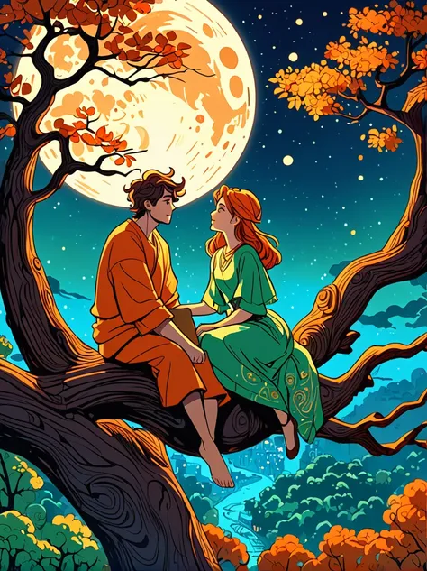 Cartoon hand drawn, Romantic ancient style，night，Backlight，A man and a woman sitting on a tree branch，There is a full moon behind，Alexander，repeat，Fresh colors，Soft colors，Diode lamp，Concept art style，extremely intricate details，Clear distinction between l...