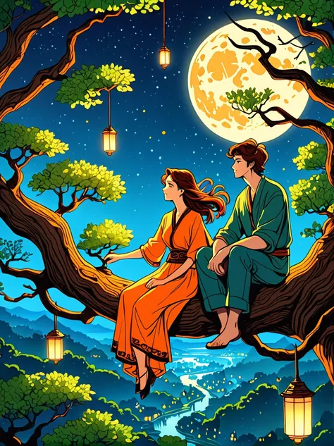 Cartoon hand drawn, Romantic ancient style，night，Backlight，A man and a woman sitting on a tree branch，There is a full moon behind，Alexander，repeat，Fresh colors，Soft colors，Diode lamp，Concept art style，extremely intricate details，Clear distinction between l...