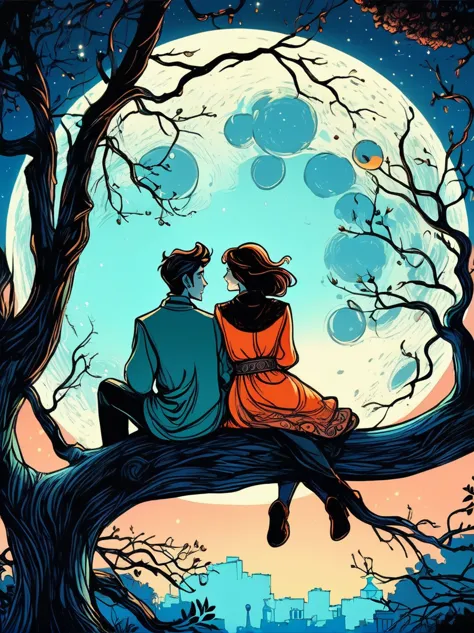 cartoon hand drawn, romantic ancient style，night，backlight，a man and a woman sitting on a tree branch，there is a full moon behin...