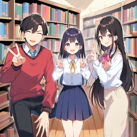 A confident smile, Two students demonstrating a gesture commonly associated with a peace sign while speaking by a teacher at the library, skirt, Black Hair, indoor, smartphone, shirt, ((((complete fiでe fingers))))