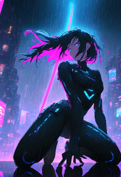 Sexy cyber ninja woman living in a dystopian world, Wearing a stylish black armor suit、, Glowing blue eyes and advanced cybernetic enhancements. Ninjas are seen in dynamic action poses, Jump over neon-lit rooftops, rain pouring down、reflection on a smooth ...