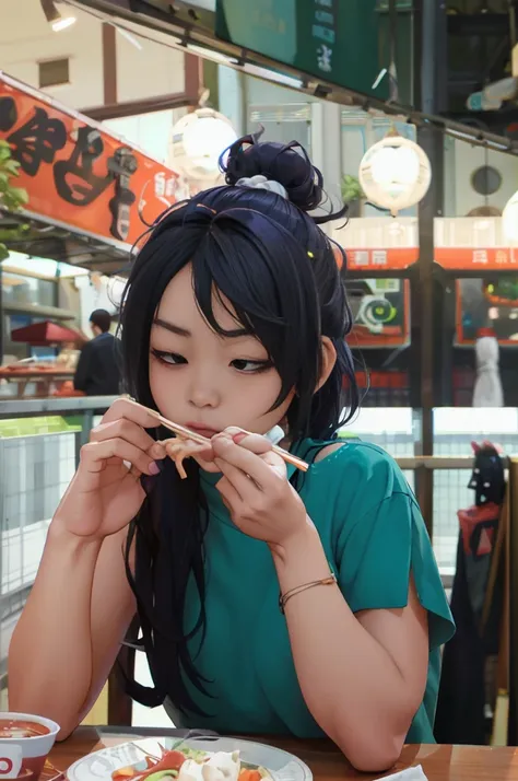 mangiare, there is a woman eating a piece of food with chopsticks, a picture by adam marczyński, pexels contest winner, realism,...