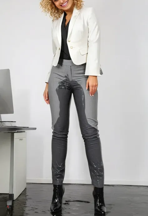 attractive blonde woman wearing dark gray business suit jacket with pants, high heel boots, white blouse, curly hair, standing in an office,  wetting, big smile, pee stains are gleaming wet, pants really soaked with pee, (((rear view)))