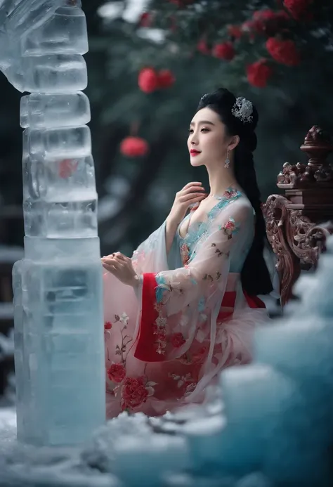 (ice - carving:1.4),Movie Angle,(Fan Bingbing,  ice sculpture girl,Anatomically correct,full bodyesbian,Masterpiece ice sculpture camellia,Representative work Hanfu,Smile)