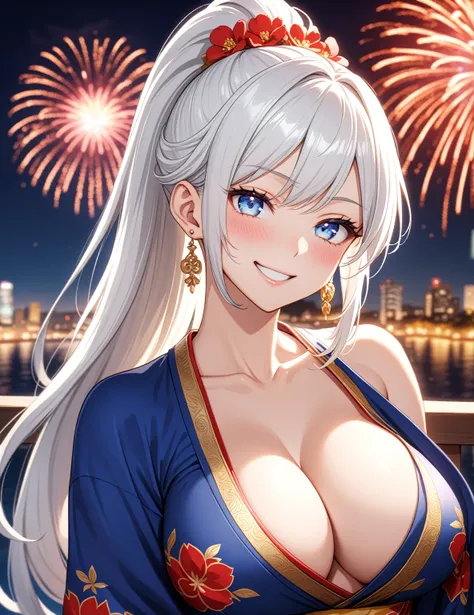 ((one personの女性)), Beautiful Face,Laughing embarrassedly,((Wink:2.0)),Laughing with your mouth open,((Bright red cheeks:1.3)),Glossy pink lips,night,Rooftop festival,firework,Ocean,((Anime style background)),masterpiece, highest quality, so beautiful, Late...