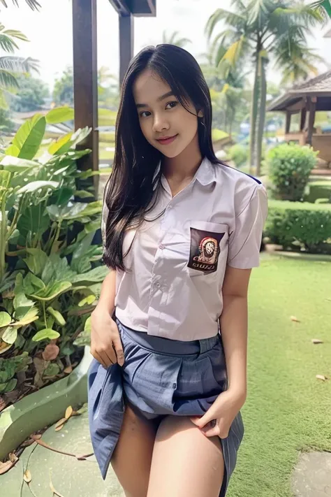 A teen girl with Indonesia face, approximately 16 years old. Standing. Wear skirt, visible panties, windy skirt, upskirt camera. (face view to camera)