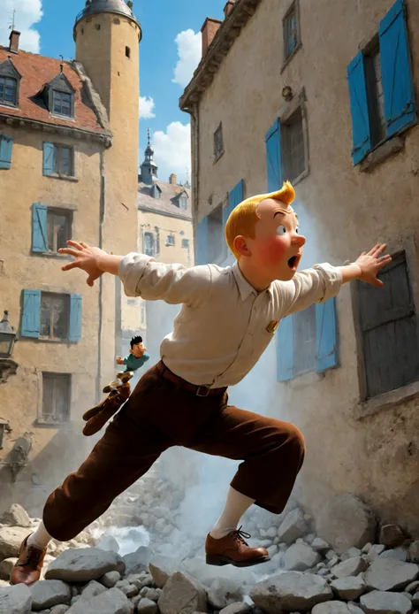 1boy, tintin, "the adventures of tintin", by herge, heroic pose, dynamic pose, dramatic composition, cinematic camera angle, eur...