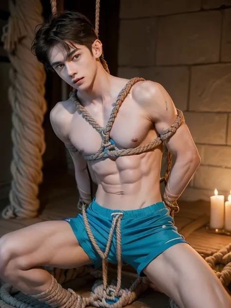 (((18 year old shirtless, very skinny twink))), fair hair, handsome face (((wearing gym shorts))) biceps flexed, kneeling, ((((Trussed up completely with rope)))), ((((very tight rope crossed over chest)))), sweating, wet skin, Afraid in a dungeon with can...