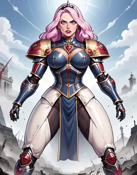 ((adepta sororitas)) in power-armor from the Dark-angels, Belle Delphine as Alice in wonderland,  mature female, dynamic pose, in apocalyptic style 