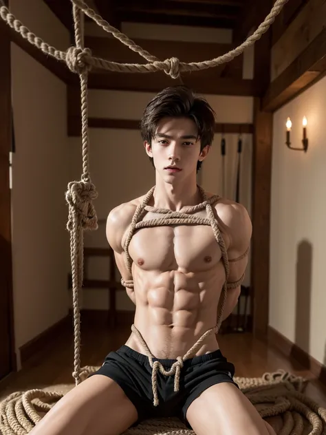 (((18 year old shirtless, very skinny twink))), fair hair, handsome face (((wearing gym shorts))) biceps flexed, kneeling, ((((Trussed up completely with rope)))), ((((very tight rope crossed over chest)))), sweating, wet skin, Afraid in a dungeon with can...