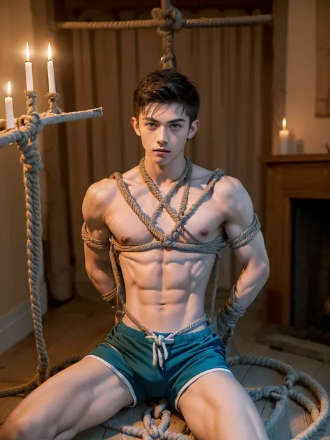 (((18 year old shirtless, very skinny twink))), fair hair, handsome face (((wearing gym shorts))) biceps flexed, kneeling, ((((Trussed up completely with rope)))), ((((very tight rope crossed over chest)))), sweating, wet skin, Afraid in a dungeon with can...