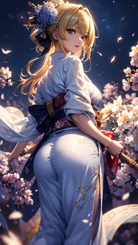 masterpiece, high quality, 4K, Beautiful design, silhouette，blonde， 非常に詳細な夜のStarry Sky,Flower Field， wonderful, Finer details,  Very knowledgeable woman, Highly detailed solo, 1 female,Big Breasts，Big Ass，Underwear Line，Yukata in white color，Night view，Sta...