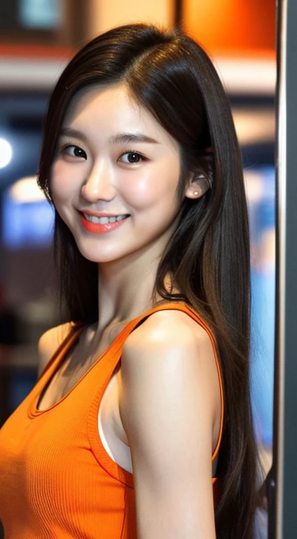 realistic photos of (1 cute Korean star) Shoulder-length hair, thin makeup, medium breasts size, slightly smile, orange tank top, in grill bar, close up, playing bass, clear facial features of Canon EOS, 16k, masterpiece, high resolution, sharp and realist...