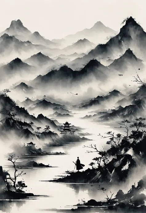 (大量留white:1.5)，white, white色背景, simple, Minimalism, abstract,Freehand，Aesthetic，黑与white，Ink Painting，antiquity，Mountain，People in the distance