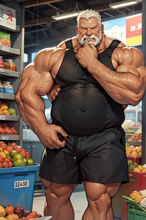 huge muscular old man, muscle gut:1.37, musclegut, modern market, tank top, shorts