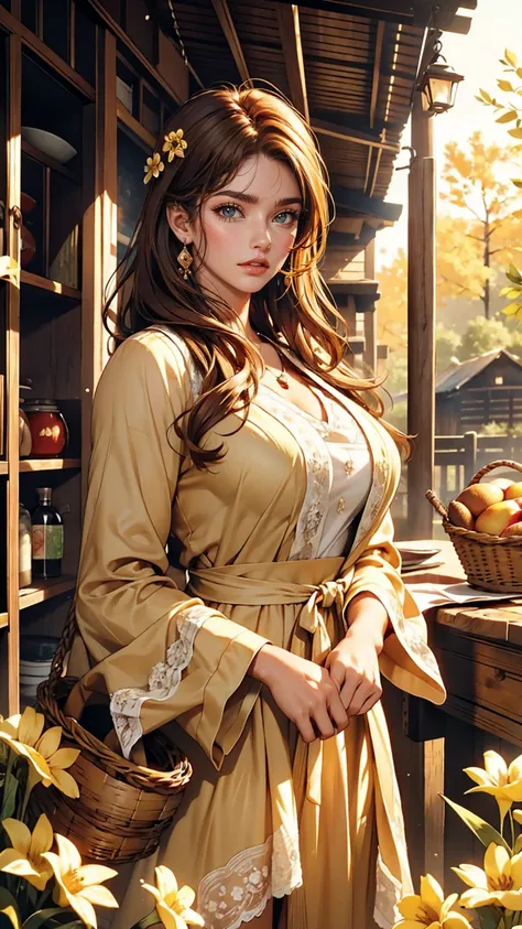 Luma is a gracious person, She is beautiful、Has a strong attitude, Her breasts are voluminous, Feminine pear-shaped silhouette, Auburn Hair, long Auburn Hair, She has expressive eyes, ( Eyes olive green) Her skin turns white、Light freckles on the cheekbone...