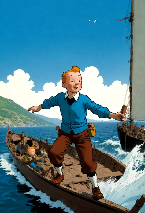 1boy, Tintin, "the adventures of tintin", in the style of herge, on boat, dynamic pose, dramatic composition, cinematic camera angle, european comics, 90s cartoon art style, cinematic dynamic action scene, vibrant colors, cinematic lighting, dramatic light...