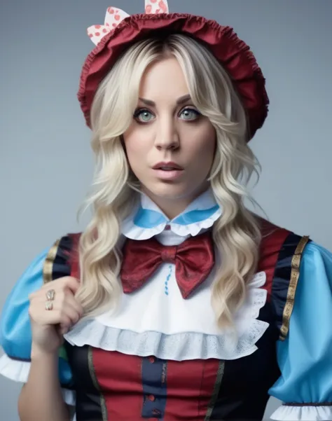 kaleycuoco,high quality, intricately detailed, hyper-realistic cosplay alice in wonderland,  portrait photography, volumetric li...