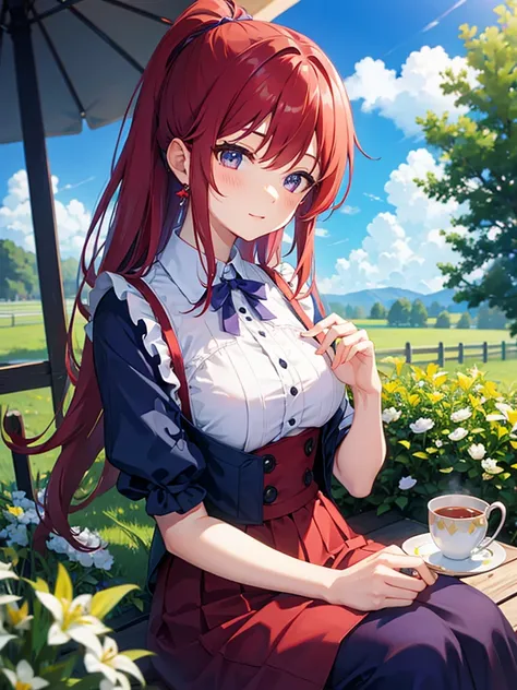 blue sky、grassland、flower、One girl、Red Hair、Purple and red dress、Garden、Tea making、Green Hair、Hair tied up、Highest品質, High definition, Ultra-fine, Highest_detailed