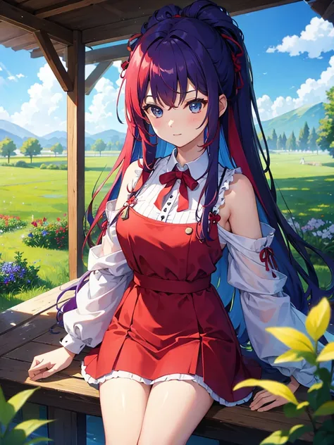 blue sky、grassland、flower、One girl、Red Hair、Purple and red dress、Garden、Tea making、Green Hair、Hair tied up、Highest品質, High definition, Ultra-fine, Highest_detailed