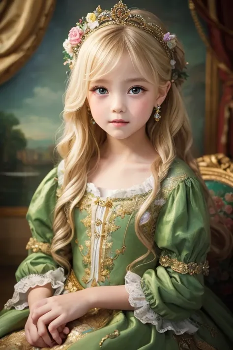 A 6-year-old beautiful girl painted in an oil painting style reminiscent of an impressionist painting.。She is fair-skinned and、With long blonde hair、She is wearing a gorgeous Rococo dress.。The backdrop is a magnificent, gorgeous, cinematic palace。