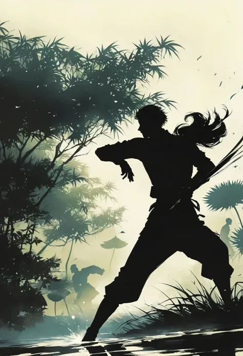 (纯Black silhouette,Heroine fighting silhouette:1.5),(fighting stance，Strong dynamics:1.4),On the Lake，High contrast, light, mysterious atmosphere,，lotus，Lotus Leaf，ripple，(Water splash;1.4)，A moon，Strong dynamics，martial arts，effort，Black silhouette，Extrem...