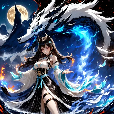 highest quality, Ultra-high resolution,A shrine maiden wearing red hakama is dancing in front of a giant red dragon.、Dynamic Movement、Full moon night、Real、The dragon&#39;s head１t、竜の胴は一t、Swirling Flames