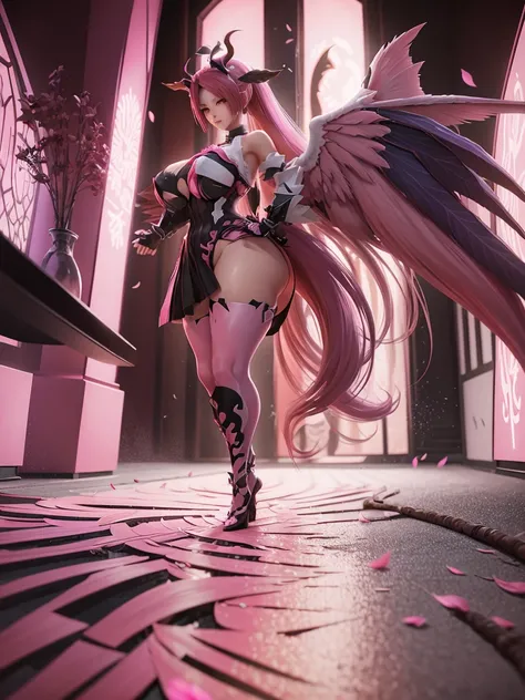 honkai impact, herrscher of thunder, very long hair, full body, pink hair, Sakura petals, Sakura long hair, great long horn, big demon wings, long tail, big tail, great tail, long wings, wings of demons.