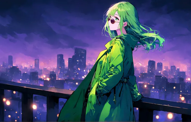 Cool Girl Wallpaper Images : Beautiful modern girl in a green coat Wear sunglasses Behind is the cityscape in the evening. There are twinkling lights of the city amidst the green, green, Purple Sky. Cool girl stands on a high balcony or bridge. Looking out...