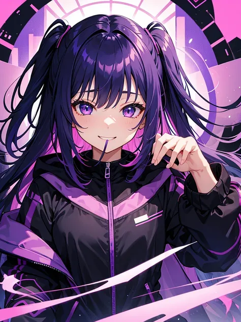 One girl、Anime solid color、Colorful background、cyber punk、Purple Hair、Black jacket、Smile with your mouth closed、Highest品質, High definition, Ultra-fine, Highest_detailed